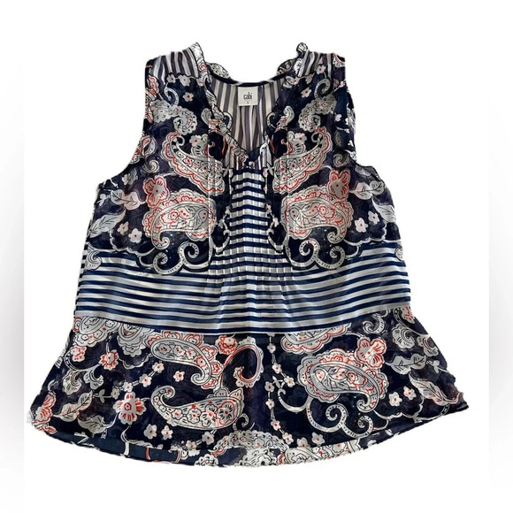 CAbi Women’s Blue‎ Floral Paisley Peplum Sheer Blouse Small #5349 - Picture 1 of 12